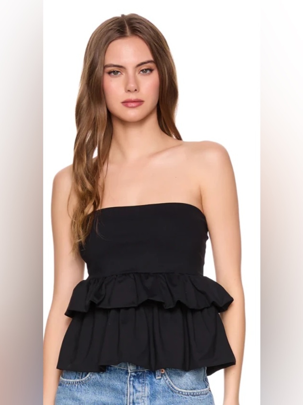 Black Ruffle Strapless Top